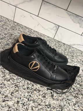 Mario Valentino Black Leather Sneakers with Tan Logo and Heel